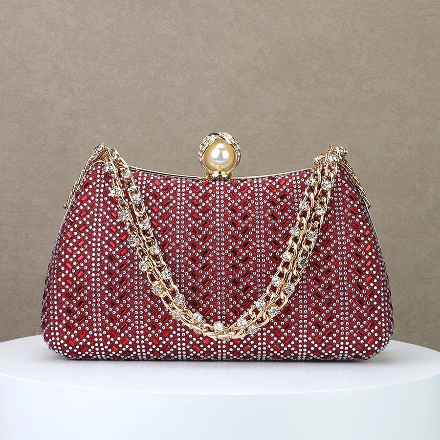 

Fine Rhinestone Diamond Inlay Dinner Evening Bag Retro Gold Red Small Clutch Purse for Women Wedding Party Chain Shoulder Bags