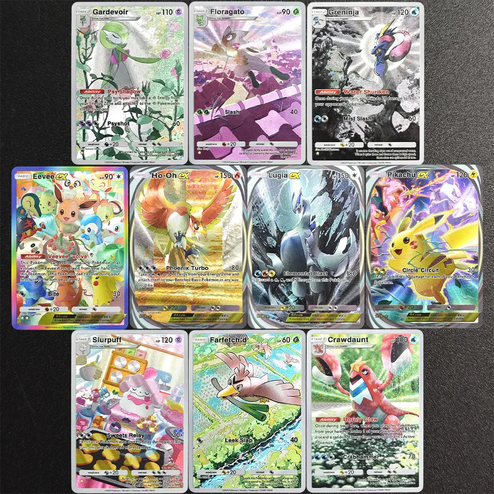 

10PCS/Set TCG Pocket Lugia Ho-Oh Crawdaunt Eevee Farfetch Greninja Floragato Gardevoir Slurpuff Game Texture Flash Card Toy