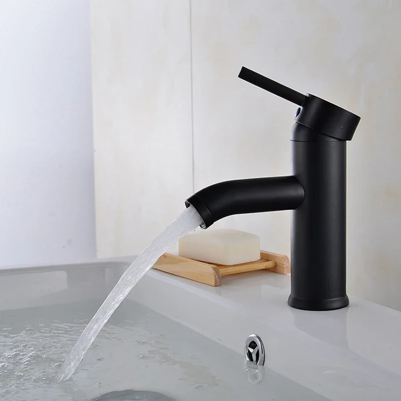 Matte Black Bathroom Basin Faucet Stainless Steel Sink Faucet Single Lever Cold Hot Water Mixer Tap Wash Basin Tap Deck Mounted