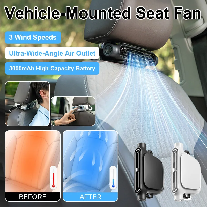 Car Headrest Seat Fan Rechargeable 3 Speed Quiet Cooling Fan for Backseat Car Summer Travel Cool