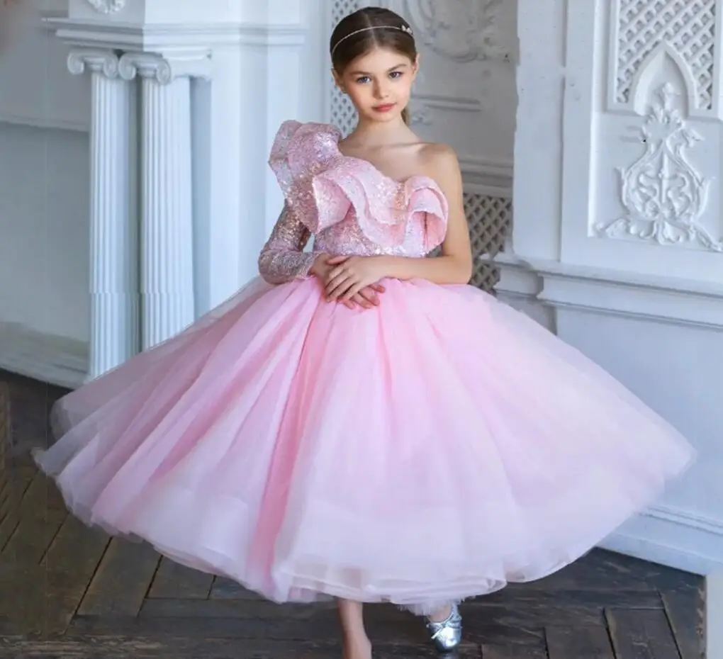 

Pink One Shoulder Flower Girl Dress for Wedding Tea Length Glitter Layers Tulle Princess Birthday Party Gown Chritmas Gift