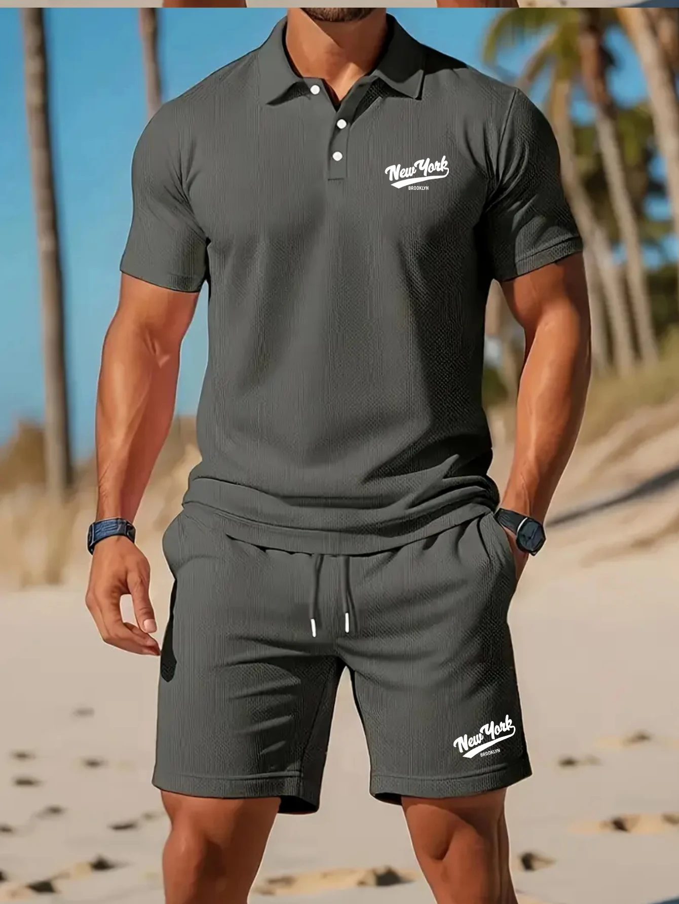 Summer men's fashionable beach short-sleeved polo shirt two-piece casual outdoor lettered slogan pattern sports shorts set