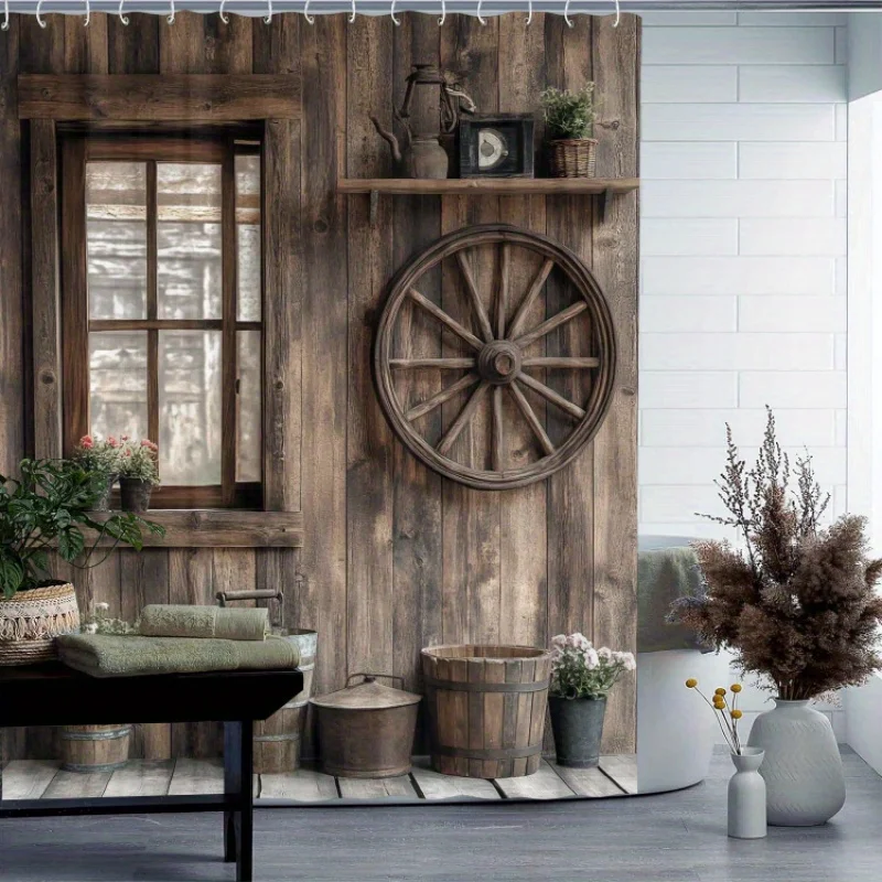 Rustic Wooden Wall Pattern Shower Curtain with 12 Hooks - Waterproof, Machine Washable, Artistic Design
