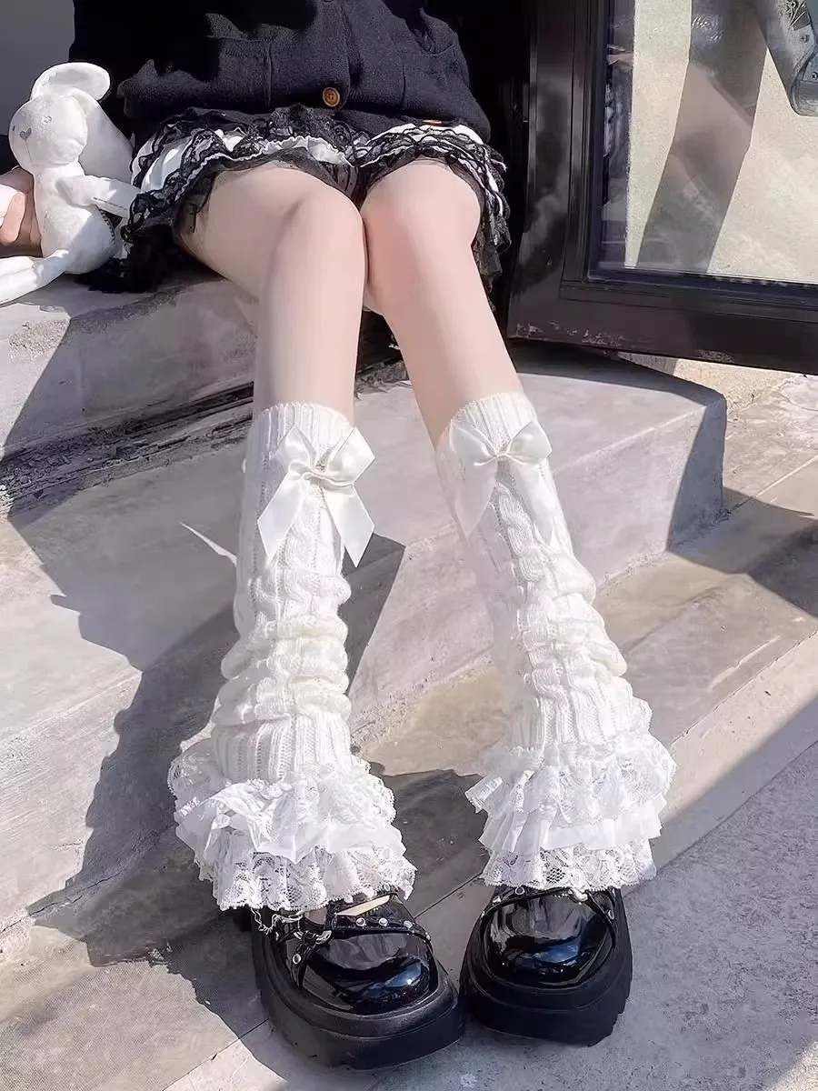 Lolita Slouchy Beinwärmer für Frauen, gerüschte Spitze, Kawaii Wadenabdeckungen, JK-Uniform, Schleifen-Strickstiefelmanschetten, süße Gothic-Accessoires für Mädchen – Detail 5