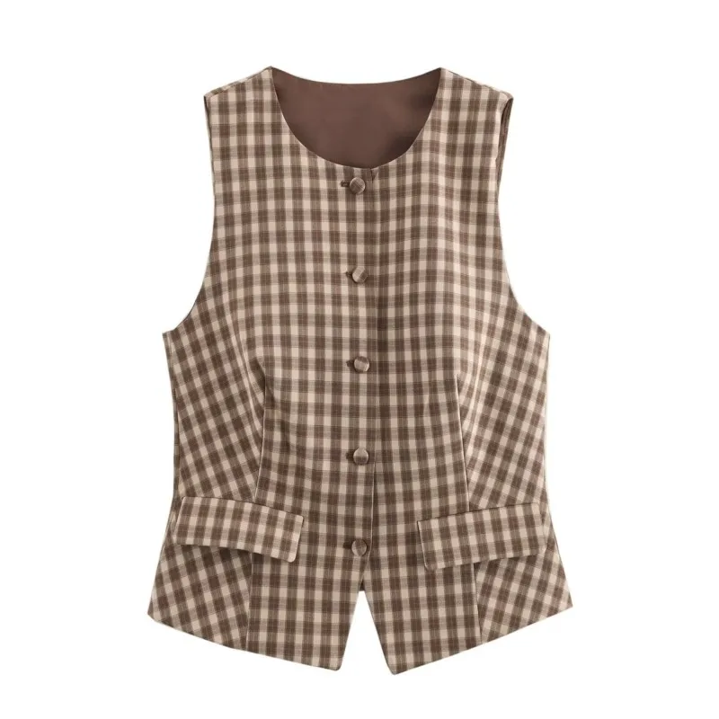 TRAF Plaid Tank Top Women Autumn O Neck Button Women's Tank Top Casual Young England Style Pocket Decoration Female Tops