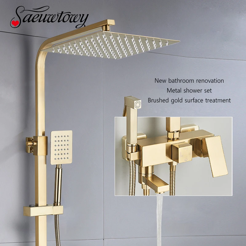 Brushed Golden Shower Faucet Bathroom Rainfall Shower Set Wall Mount 4 Ways Hot/Cold Mixers with Bidet Spray Tap