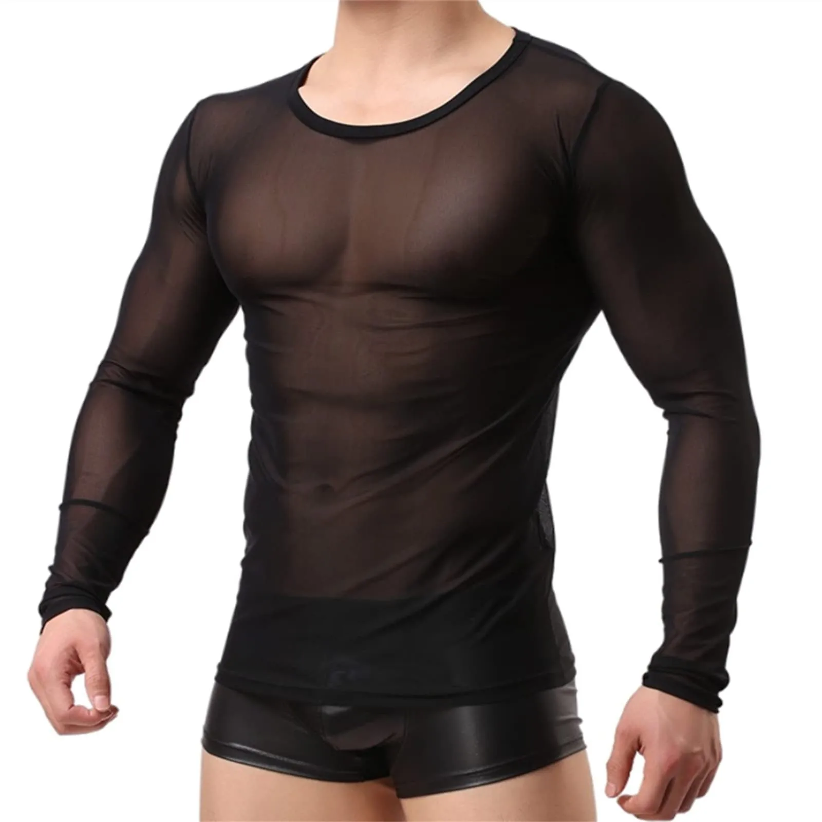 Men Sexy Mesh T-Shirt Transparent Stretchy Underwear Tshirts Long Sleeve Tee Shirt Seamless Undershirt Sheer Nightwear Clubwear