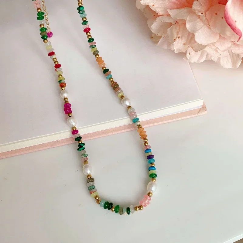 

"Dopamine" Dopamine Colored Natural Stone Necklace Girls Light Luxury Ethnic Style Neck Chain Collarbone Chain