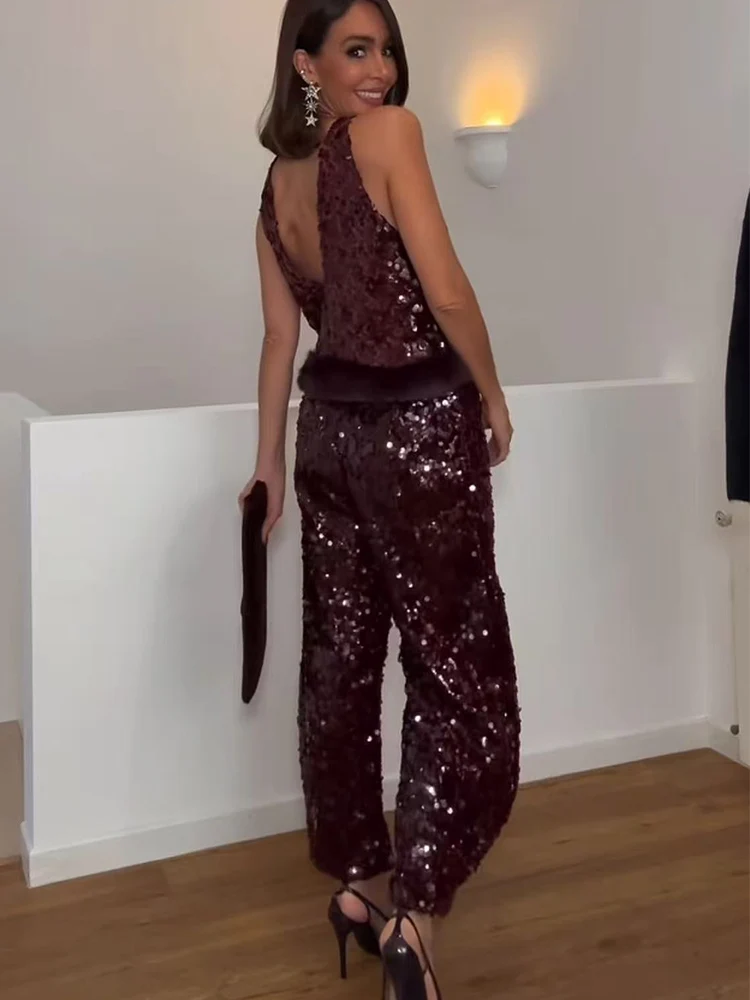 TFMLN Winter New Women Sequined Pants Set Elegant Sleeveless Backless Faux Fur Hem Top Wide Leg Pants Fashion Party Suits