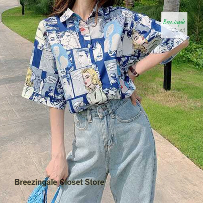 Korean fashion short-sleeved shirt female retro Harajuku style plus size women's shirt fat mm loose niche casual shirt blouse