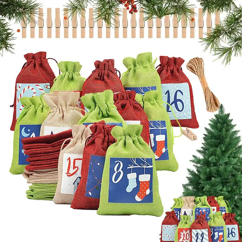 Christmas Advent Calendar Bags 2024 Burlap Bag Advent Calendar 24X Countdown Drawstring Bags Bulk For Candy Snack Cookie Food