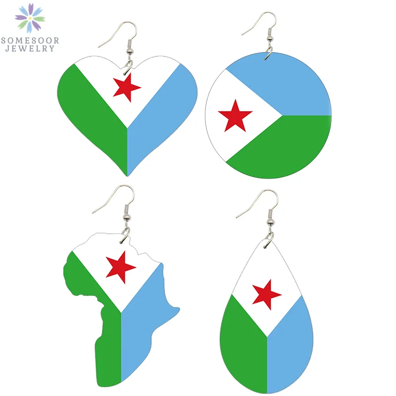 SOMESOOR The Republic Of Djibouti National Flag Print Wooden Drop Earrings African Roots Geometric Dangle Jewelry For Women Gift