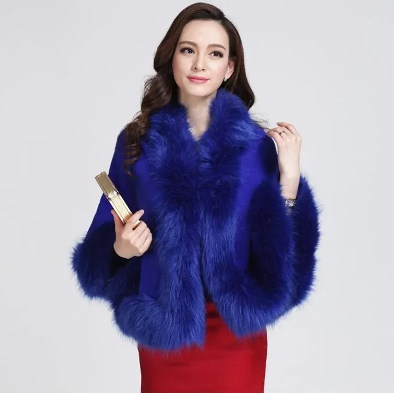 Autumn Winter New Female Cloak Imitation Fox Fur Cloak Cape Imitation Wool Collar Ponchos Women Capes Red