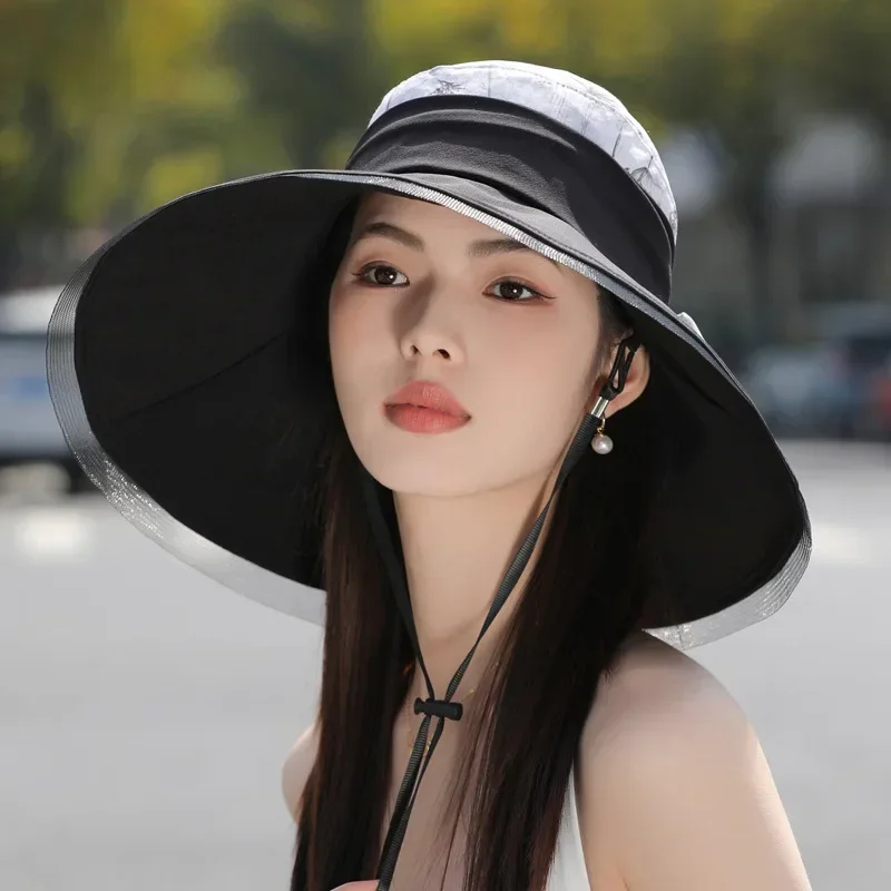 UV Protection Women's Beach Sun Hat Summer Wide Brim Portable Panama Cap for Woman Breathable Big Bowknot Floral Fisherman Hat