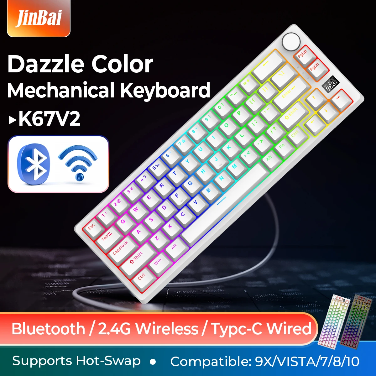 New Gaming Mechanical Keyboard 3 Mode 2.4g Wireless Bluetooth Wired Hot Swap with Color Screen RGB Backlight Game Keyboard