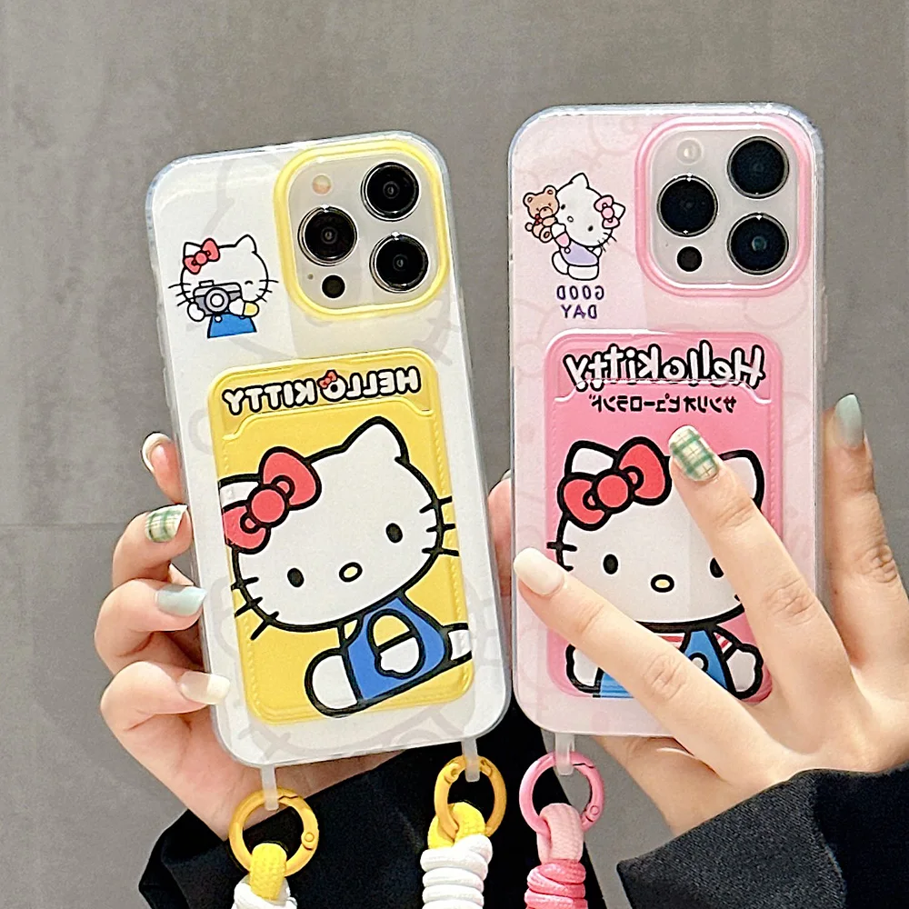 

Cartoon Hello Kitty Card Pocket with Lanyard Phone Case for IPhone 15 14 13 12 11 Pro Max Drop-resistant Back Cover Funda