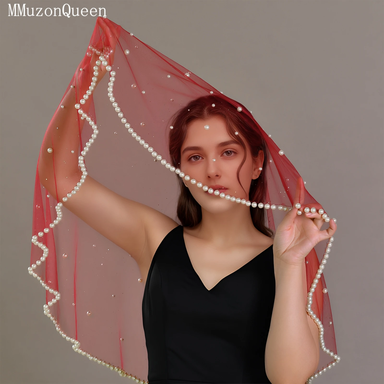 

Свадебная фата TOPQUEEN с жемчугом, красная, расшитая вручную бисером, с эффектом румян, свадебные аксессуары, настраиваемая модель V267