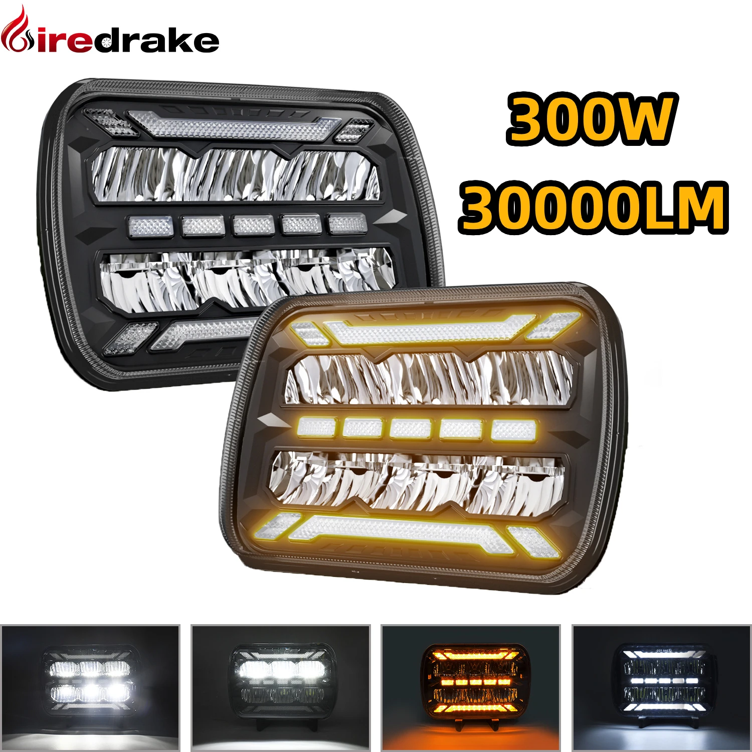 

5X7 LED Headlight 7inch Square Car Headlight 300W 30000LM for Jeep Wrangler Truck High Low Beam Off-road Headlamp 6000/3500K