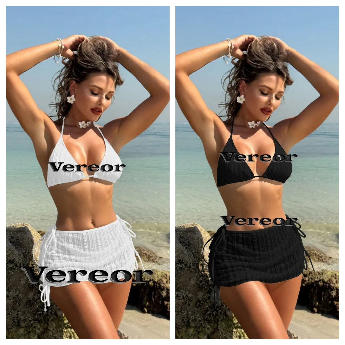 مجموعة بيكيني مثيرة مكونة من 3 قطع بلون سادة لعام 2025 للنساء: ملابس سباحة مكونة من قطعتين مع تنورة تغطية |   أساسيات عطلة الشاطئ