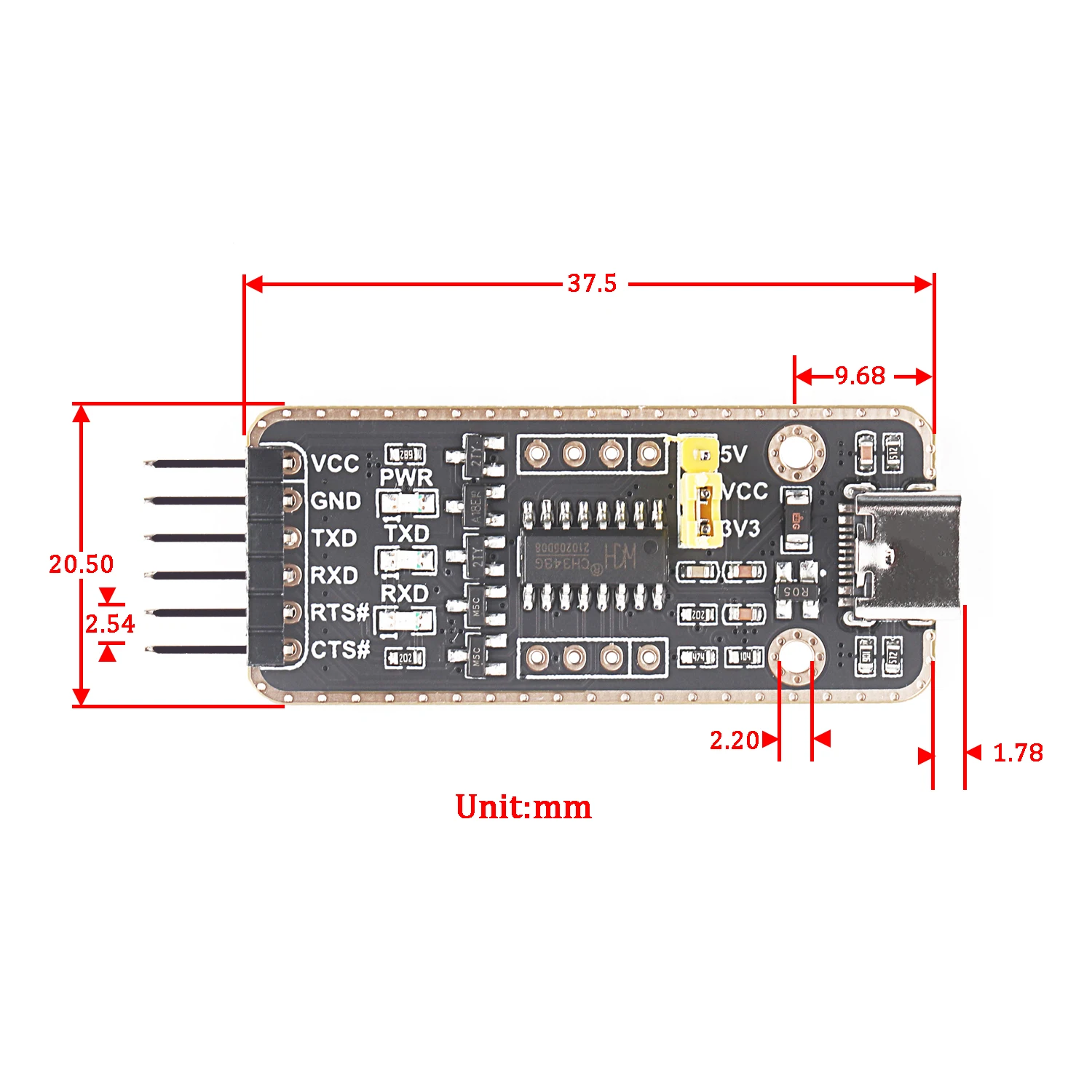 USB tipo C fêmea para conversor serial TTL, cabo adaptador, placa FTDI, USB tipo C, Dupont, 3.3V, 5V, 6 pinos, 6 P