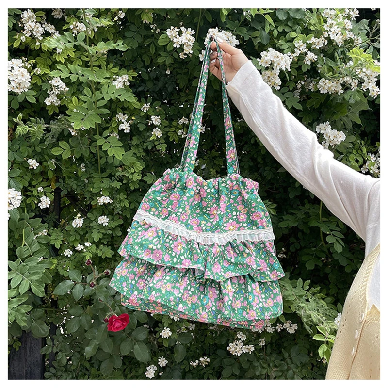 Lotus Leaf Edge Floral Large Capacity Canvas Bag 2026 New College Student Class Bag Commuting Bag Korean Women's Shoulder Bag