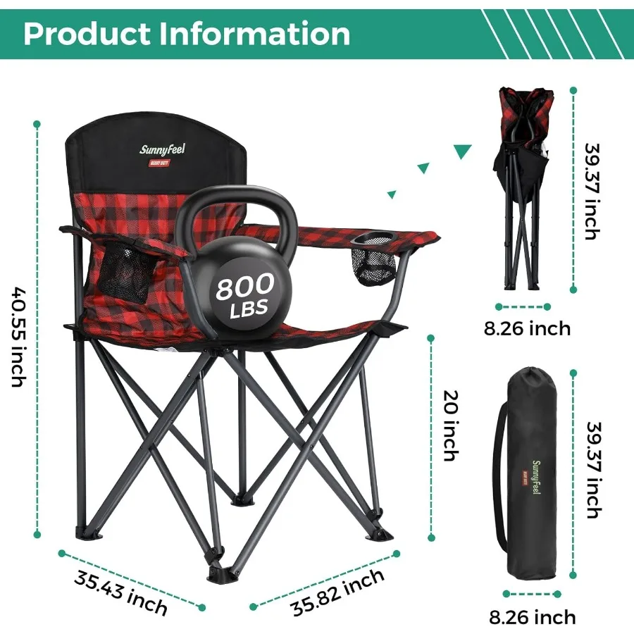كرسي تخييم قابل للطي كبير الحجم 800 رطل شديد التحمل للأشخاص الكبار الطويلين كراسي قابلة للطي محمولة مبطنة باللون الأحمر مع كوب مسند للذراعين #3
