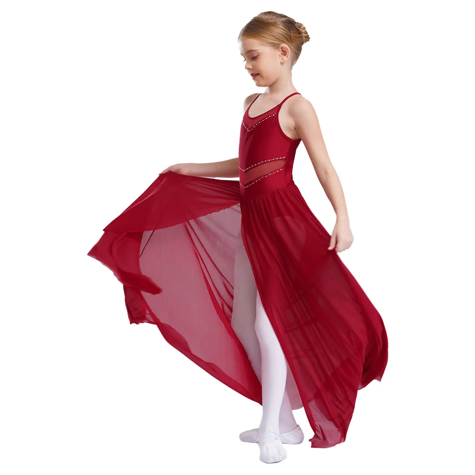 Kids Girls Modern Lyrical Dance Dress Crisscross Strappy Back Spaghetti Straps Split Flowy Mesh Overlay Dress Ballroom Dancewear