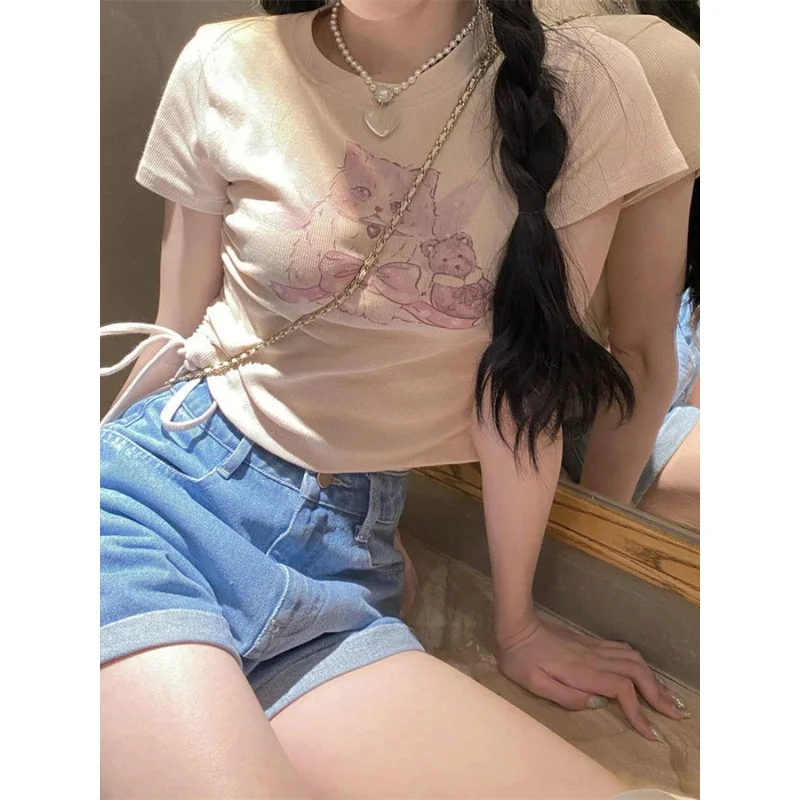 Kosahiki Korean fashion drawstring crop tops cat printed short sleeve T-shirt kawaii summer streetwear Sexy Slim tshirts women