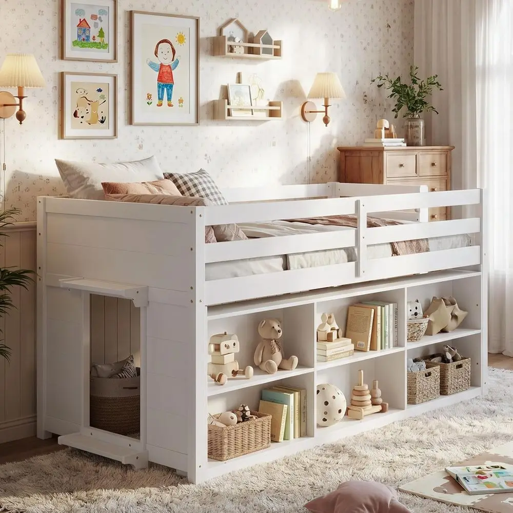White Twin Size Low Lot ed with Integrated 6 StoraCuies, Twin ede with Under-ed Play Area Space, Low Lot StoraKids ed or oys Gir