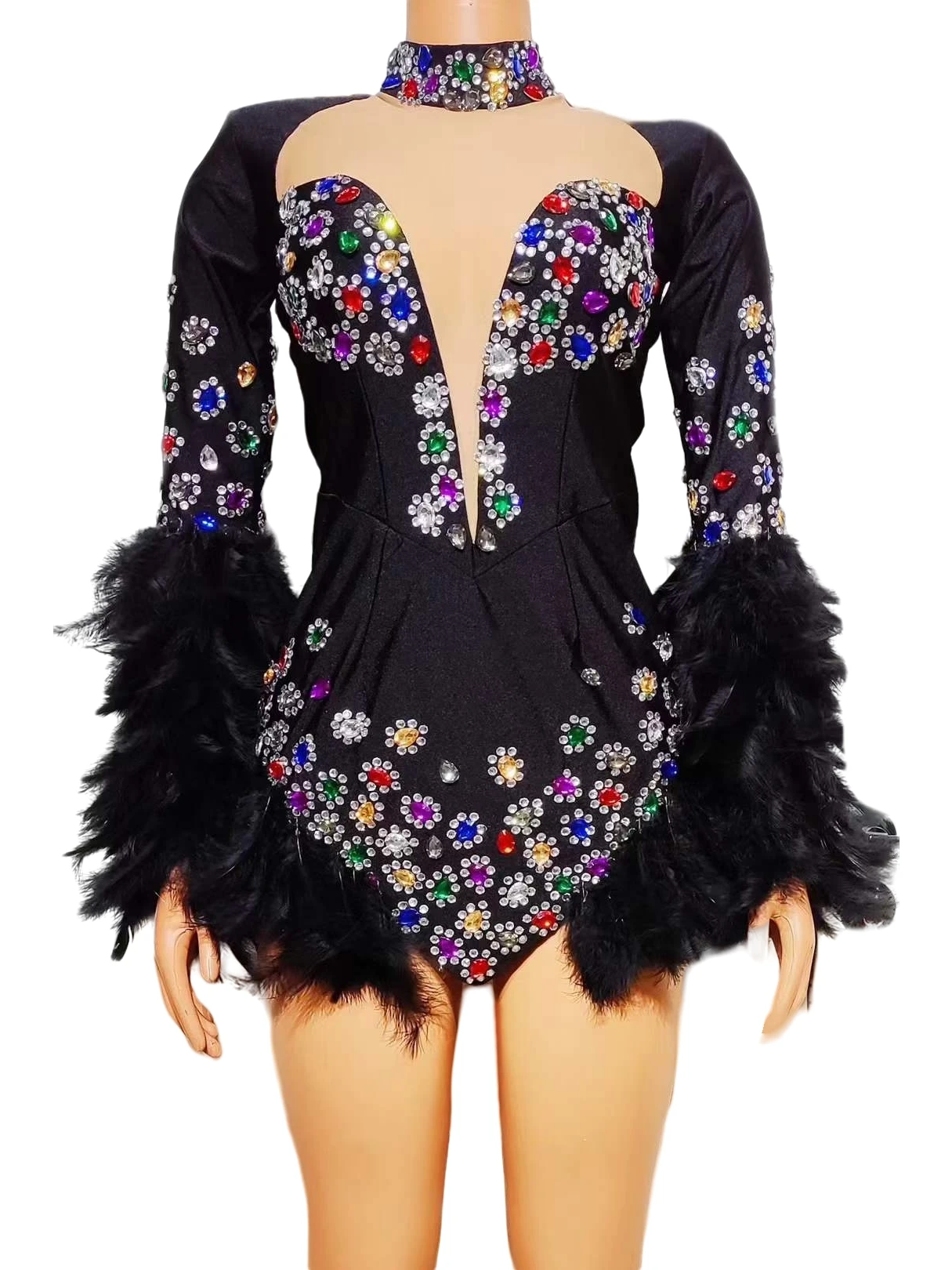 Damskie czarne body z kwiatami, dżetami, piórami, dla piosenkarki, tancerki, na urodziny, imprezę w klubie nocnym, strój królowej, trykoty do świętowania.