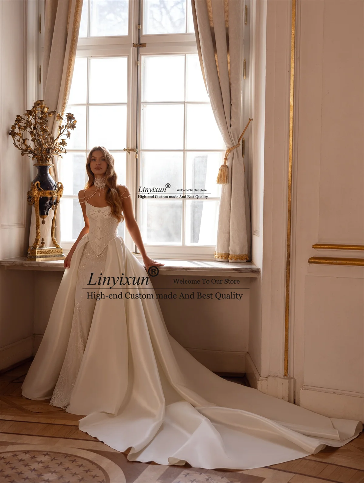 High End Stain Mermaid Wedding Dress With Remove Train Glitter Seuqin Lace Beaded Bridal Dress Customized vestidos de novia