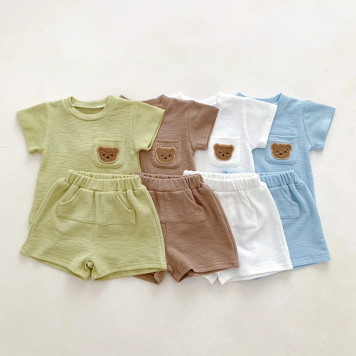 Newborn Baby Summer Candy Solor Set Girl Cute Bear Embroidery Pocket Short Sleeves Tops + Boy Solid Cotton Soft Shorts 2pc Suit