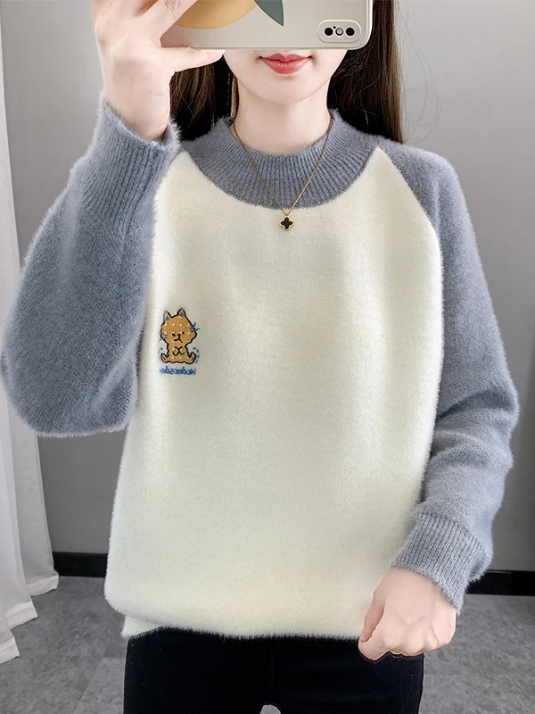 Suéter de Cuello Redondo ueso con Bloques de Color para Niñas, Invierno, Cálido, Tejido, Capa Base, Estilo Dulce, Hoado, ...