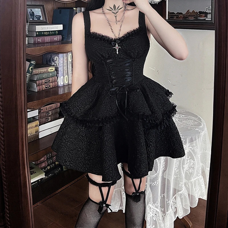 Women's Gothic Dark Jacquard Fabric Double Hem Sling Dress Lace Bandage Skirt Halloween Costume