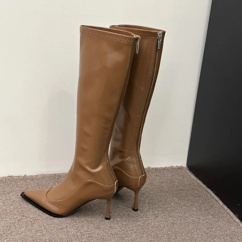 

Kneelless High Heel Cylinder Women Pointed Toe Stiletto Heel High Boots Retro Temperament Stretch Tight Boots