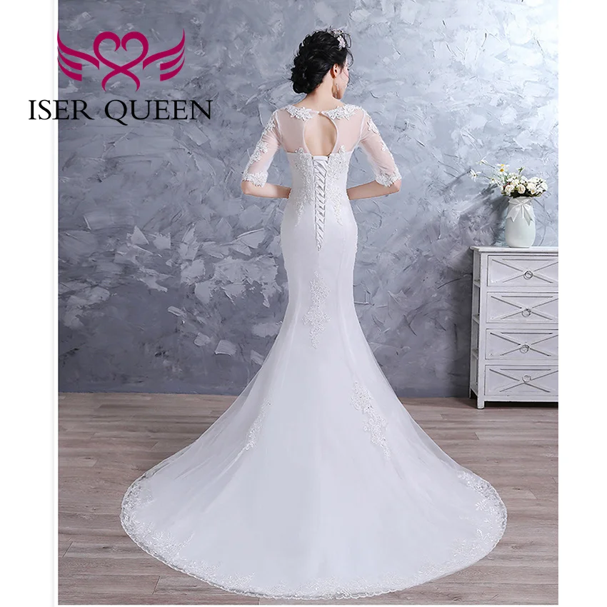 ที่กําหนดเองครึ่งแขน Slim Mermaid ชุดเจ้าสาวสําหรับงานแต่งงานลูกไม้ Appliques ประดับด้วยลูกปัด PLUS ขนาดชุดแต่งงานสําหรับผู้หญิง WD8002