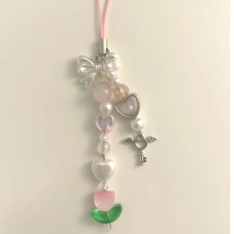 Blue and pink phone charm tulip angel keychain