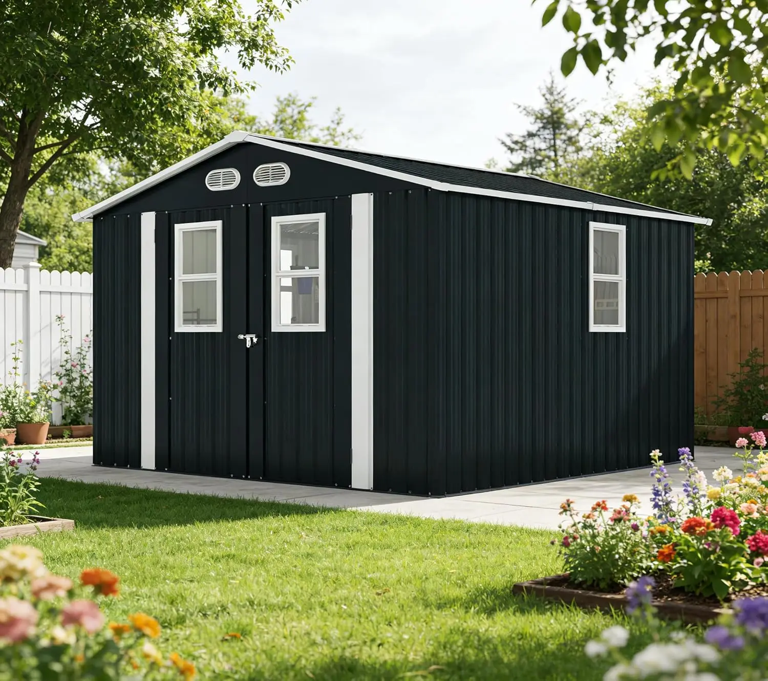 

8x8FT Metal Outdoor Storage Shed Lockable Doors Waterproof UV-Resistant Tool Backyard, Customized