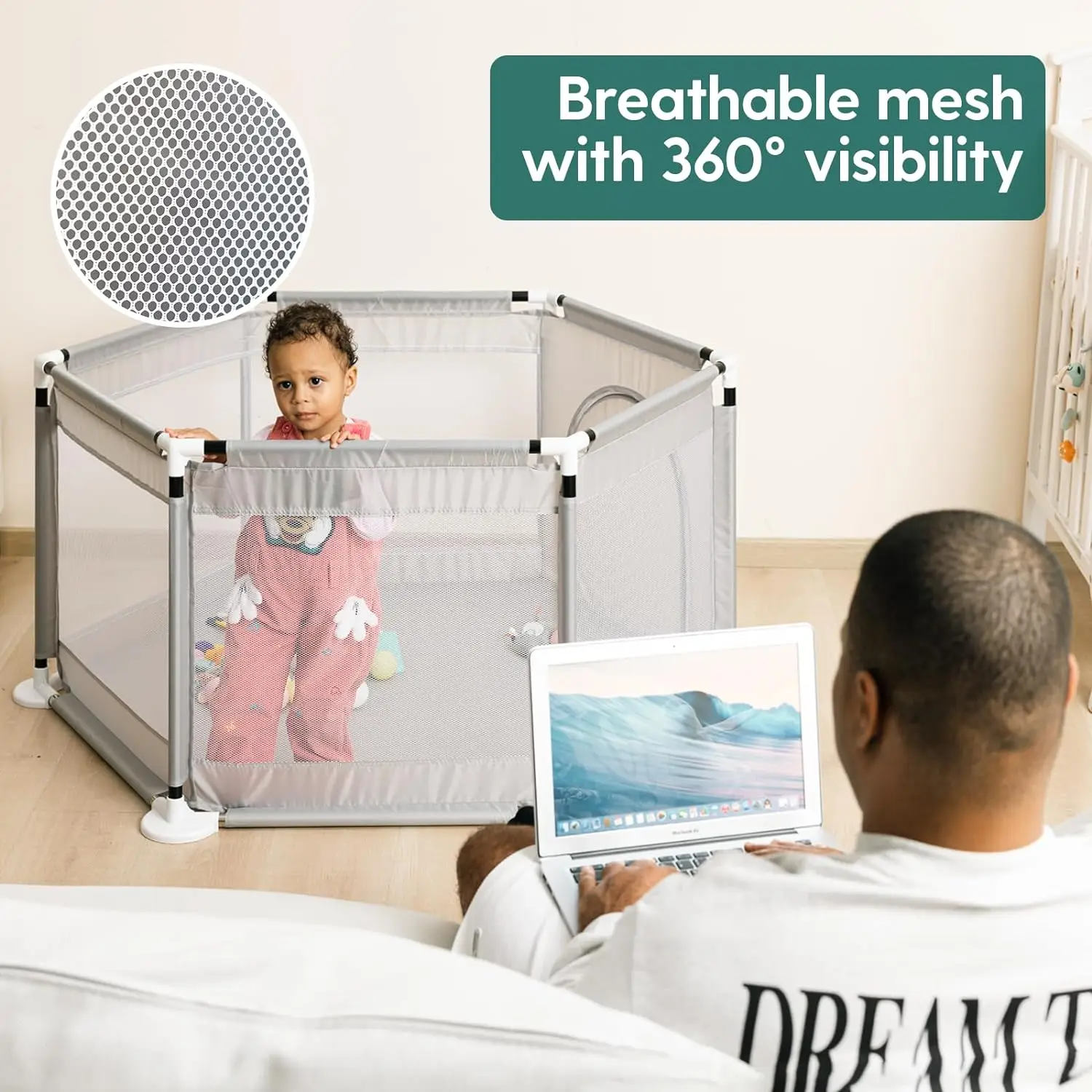 Portable Baby Playpen for Babies Toddlers Safety Baby Fence with Breathable Mesh Pull Tabs Indoor Outdoor Kids Activity Center