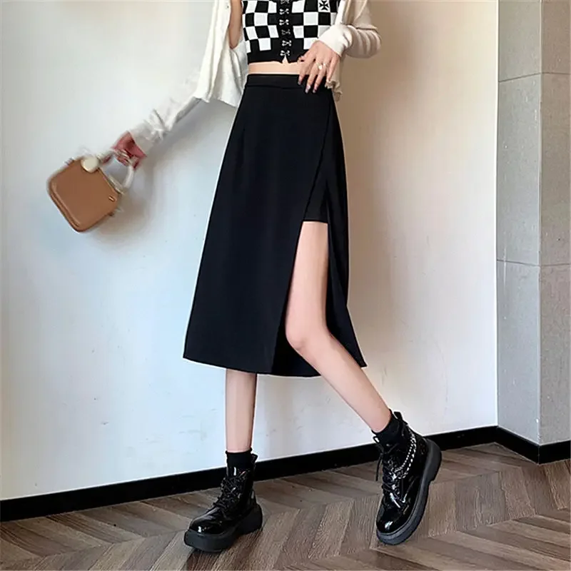 Korean Style Midi Skirts Women Side-slit Empire Ulzzang Leisure Temperament All-match Faldas Spring Fashion Solid Office-look