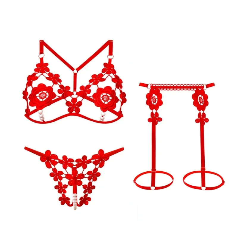 3-piece Set Sexy Bra Playful Lingerie Breasts Pearls Erotic Costume Teasing Passionate Bedding Spicy Seductive Body Jewelry