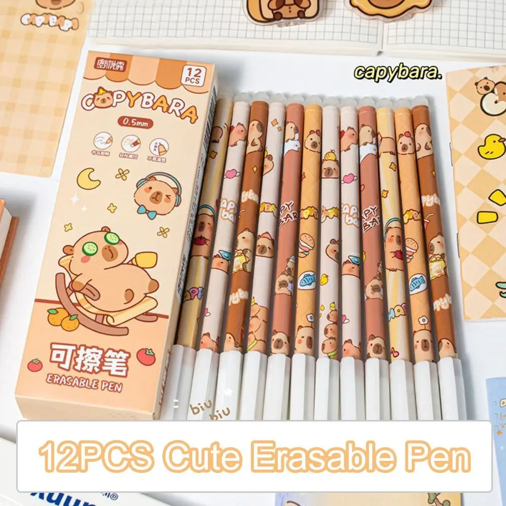 

12 шт., стираемая ручка с милой капибарой, эстетическая стираемая ручка Kawaii Panda, 0,5 мм, синие чернила, студенческая гелевая ручка, письменные принадлежности