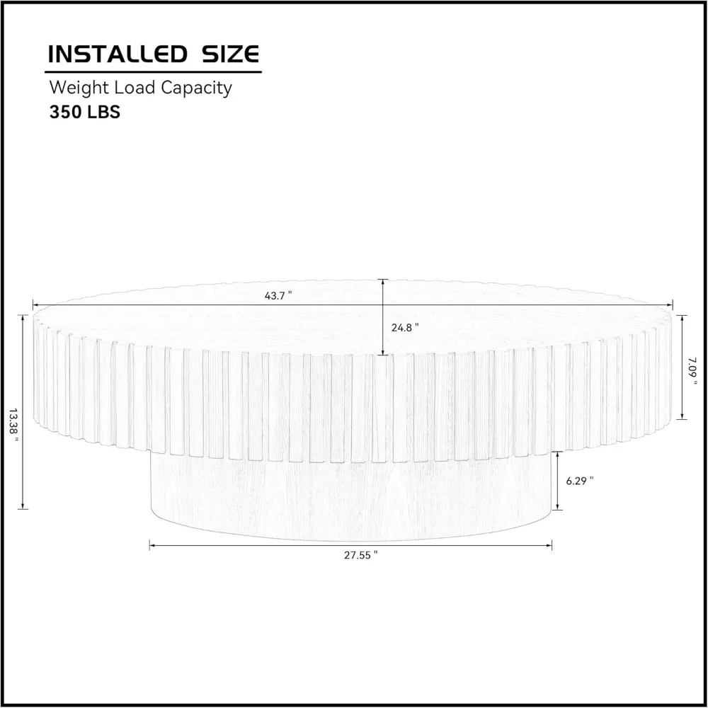 Mesa de centro redonda de 43,7 pulgadas para sala de estar, mesa de centro de tambor artesanal moderna, mesa de centro pequeña de madera con pedestal resistente