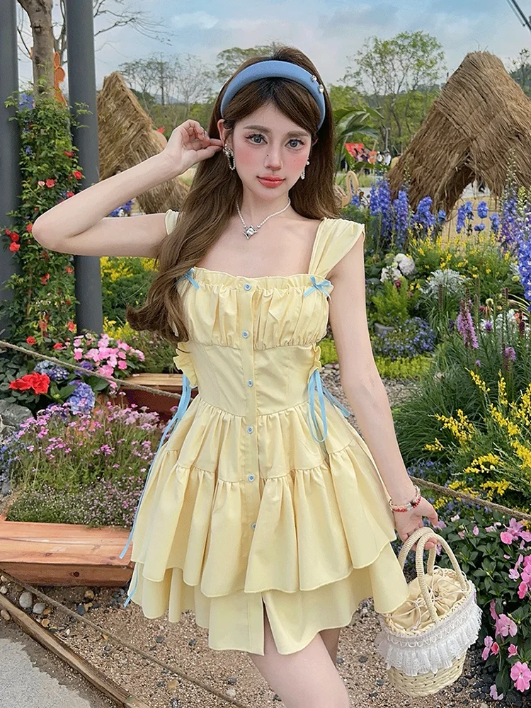 REDDACHiC Coquette Bowknot Mini Tank Dress Women Frill Trim Hollow-out Single-breasted Ruffle Puffy Cake Dress Summer Clothes