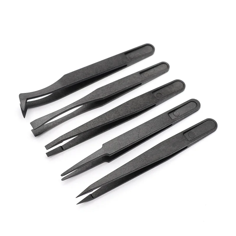 New Arrival 5 sztuk/zestaw przenośna czarna prosta zgięcie antystatyczna plastikowa pęseta żaroodporne narzędzie do naprawy