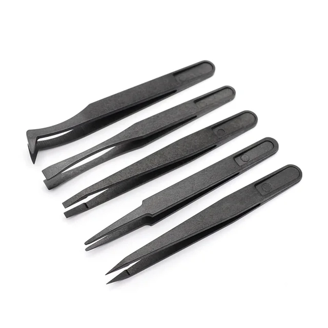 New Arrival 5 sztuk/zestaw przenośna czarna prosta zgięcie antystatyczna plastikowa pęseta żaroodporne narzędzie do naprawy