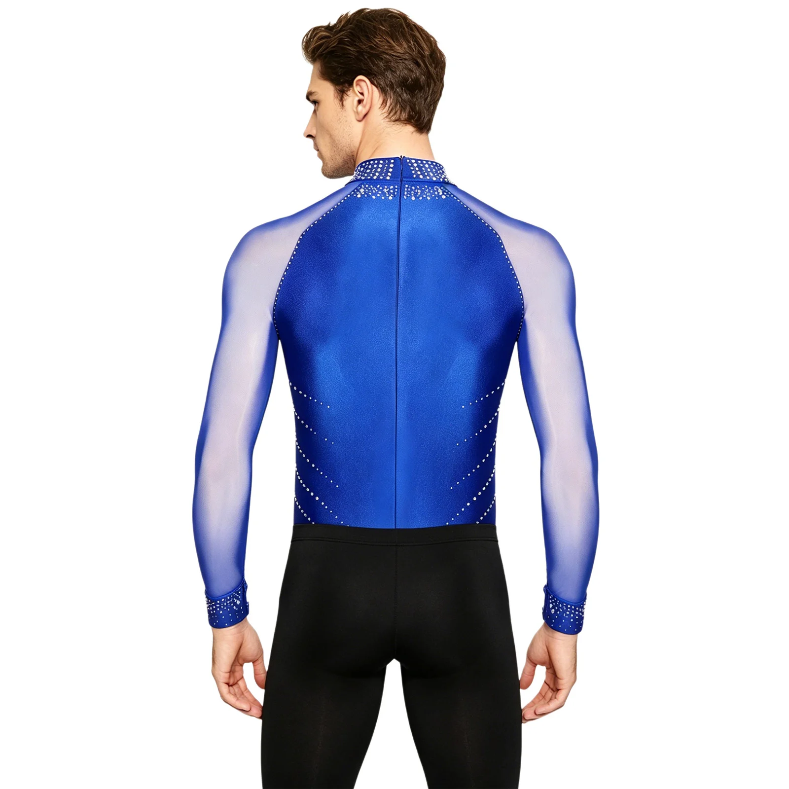 Mens Figure Skating Dance Leotard Jumpsuit Sparkly Rhinestones Mesh Long Sleeve Bodysuit Elegant Ballet Modern Dance Costume