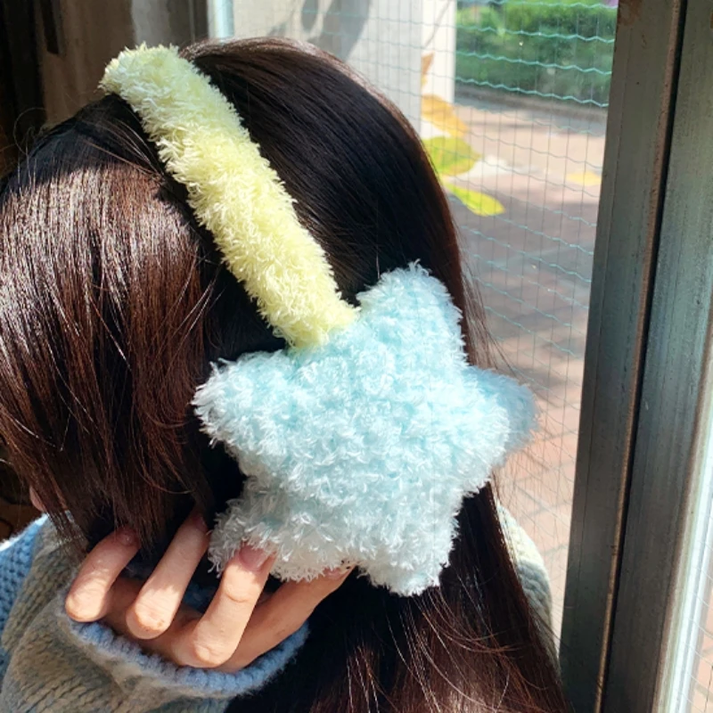 Y2K Star Fluffy Earmuffs Earplugs Cold Protection Women Ear Cover Keep Warm Solid Color White Plush Earmuffs Kawaii Accessories