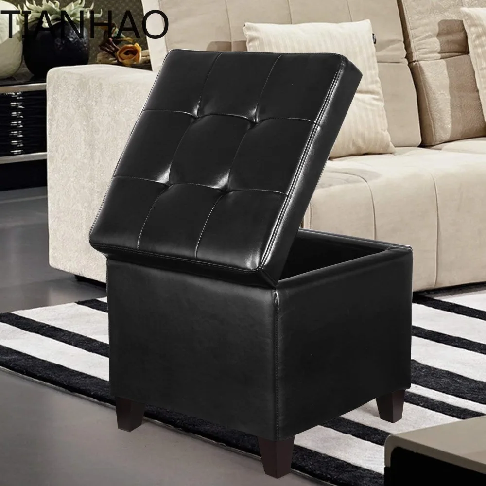 Storage Ottoman Foot Rest Stool, Leather Ottoman Footstool with Wood Legs and Hinged Lid, 18