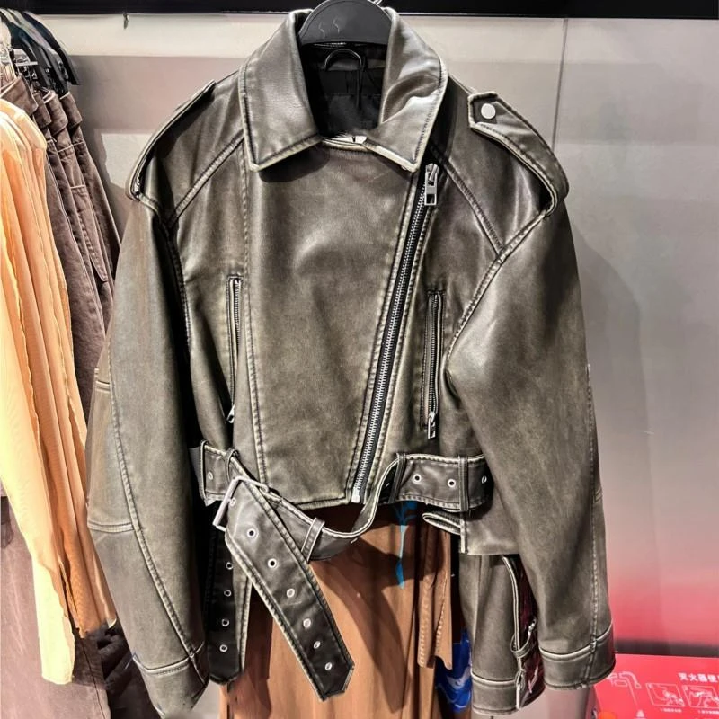 women-leather-jacket-2023-new-lapel-belt-long-sleeve-zipper-pockets-lady-short-coat-femmle-fashion-motorcycle-leather-coat
